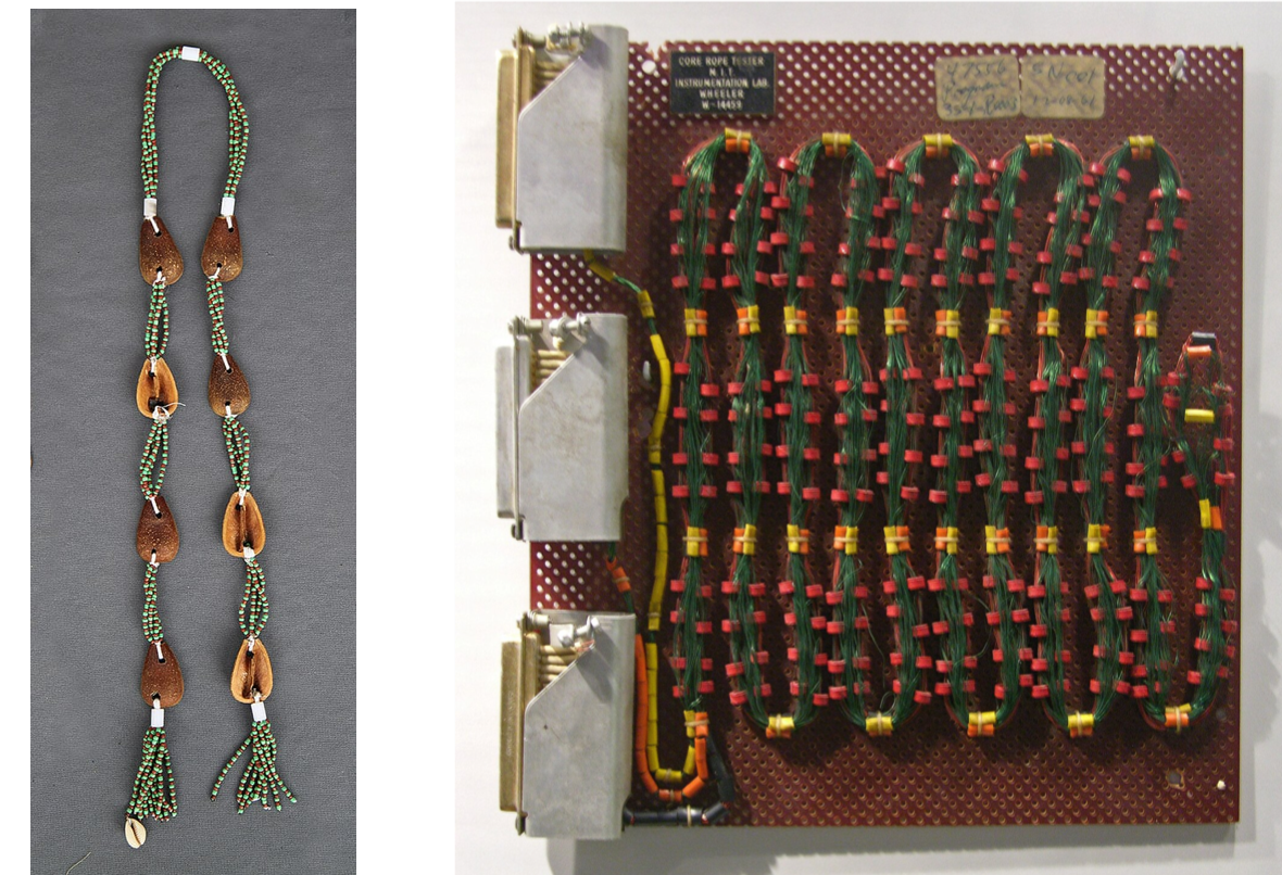 Left, a woven chain of 8 cowrie shells. Right, a rope of wires mounted on a board.