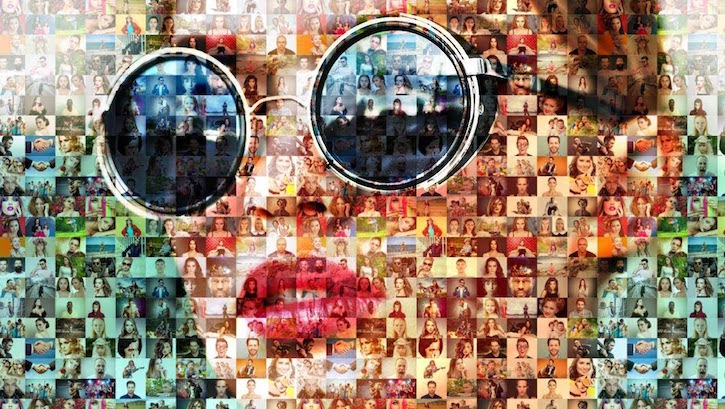 A collage image of a woman wearing sunglasses with hair pulled back, made from other photographs of other women.