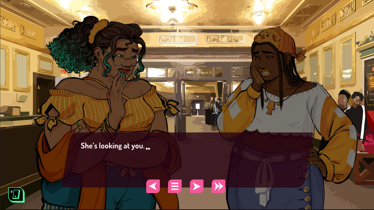 ValiDate screenshot that shows two women, Isabelle and Yolanda, looking at each other nervously wtih caption "She's looking at you..."