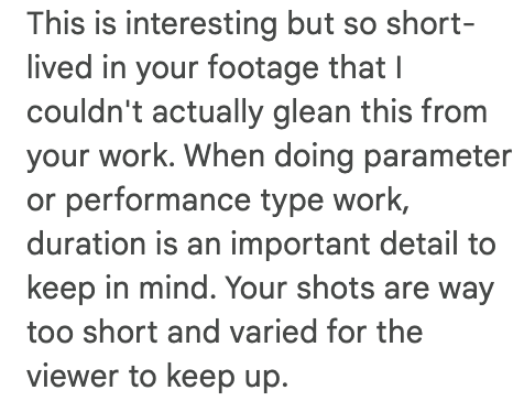 Feedback from my Teaching Fellow Pauline Shongov on my early shots with Bhargavi.
