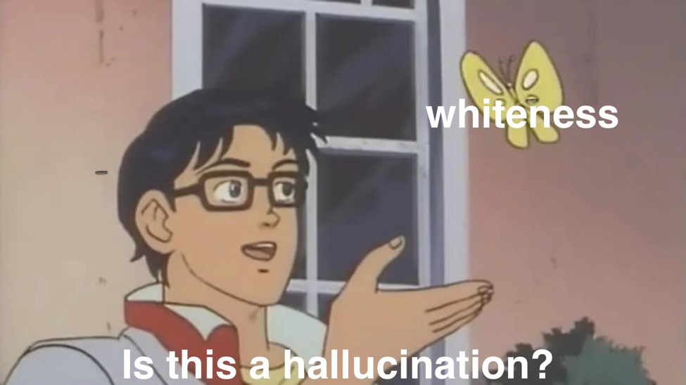 An anime character gestures toward a butterfly labelled ‘whiteness’ and asks, ‘Is this a hallucination?’