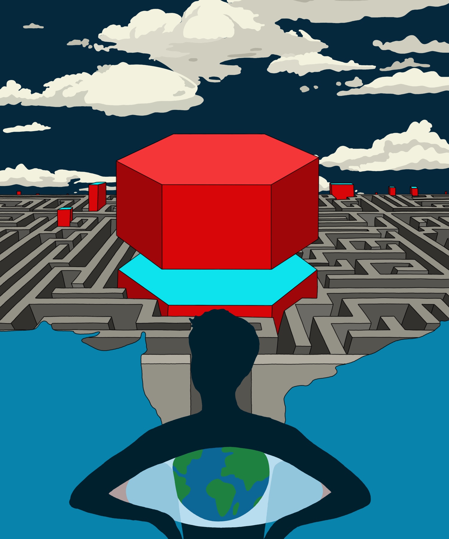 An illustrated silhouette faces a maze shaped like India. Large red geometric structures rise from the maze, while a globe forms the pupil of a huge eye across the silhouette’s back.