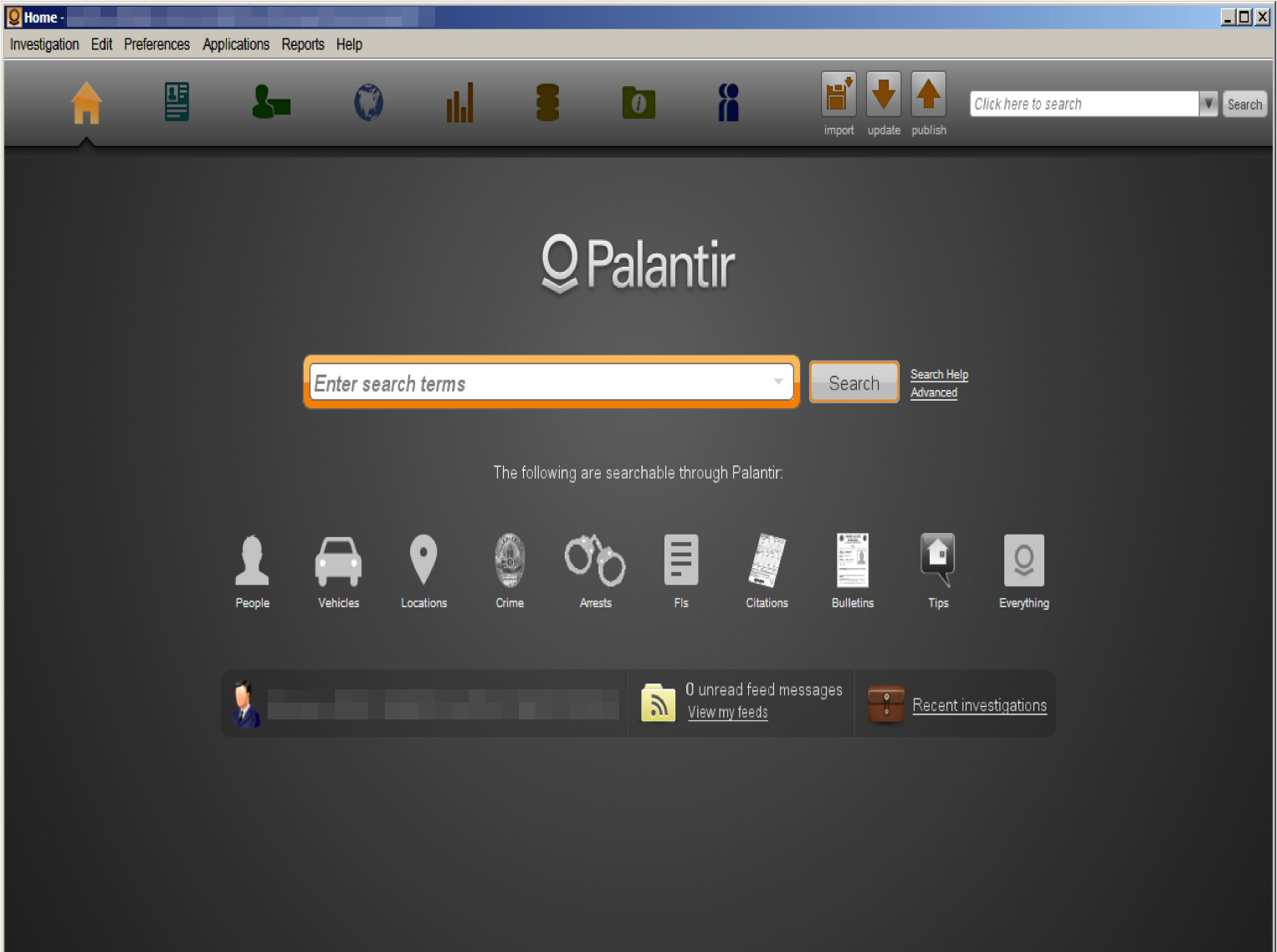 A web browser with a Google-like search bar, over which says "Palantir". Underneath the search box are icons indicating things that can only searchable through Palantir: Crime, arrests, etc.