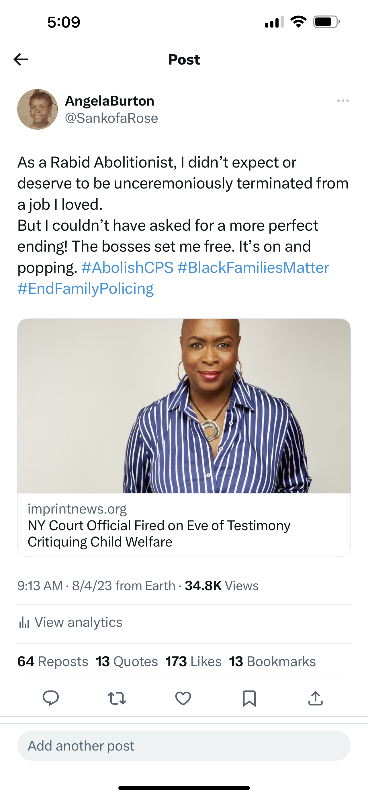 Screenshot of an Angela Burton post: ‘As a Rabid Abolitionist, I didn’t expect or deserve to be unceremoniously terminated from a job I loved. But I couldn’t have asked for a more perfect ending! The bosses set me free. It’s on and popping!’ It includes the hashtags AbolishCPS, BlackFamiliesMatter, and EndFamilyPolicing, and links to an article titled ‘NY Court Official Fired on Eve of Testimony Critiquing Child Welfare,’ illustrated with Burton’s portrait.