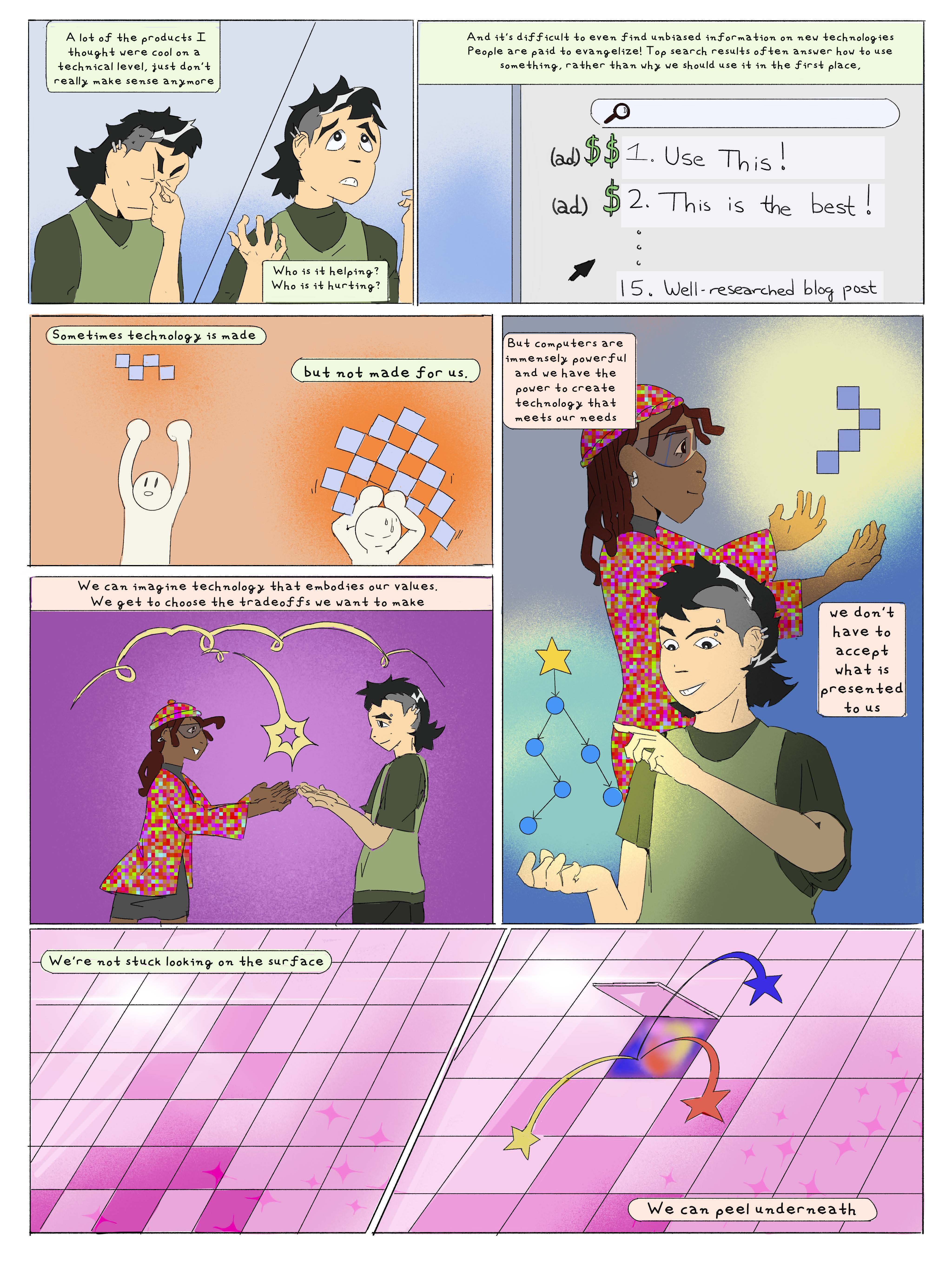 Right to Refusal, comic page 5. Torrent asks of technology, ‘Who is it helping? Who is it hurting?’ A search-results diagram places sponsored claims above a well-researched blog post. The characters say technology is sometimes made, but not made for them; they can create tools that meet their needs and choose their own trade-offs rather than accept what is presented. They hold colourful abstract shapes. A final pink grid peels open to reveal stars beneath: ‘We’re not stuck looking on the surface. We can peel underneath.’