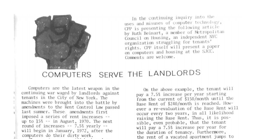 Scan of Interrupt, the CPP newsletter. Includes a fist over a title: "Computers serve the landlords." 