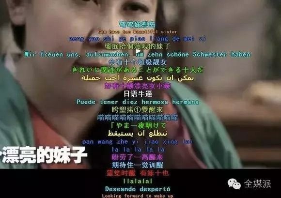 A screenshot of a video with a face behind and captions in many languages in many colors in foreground.