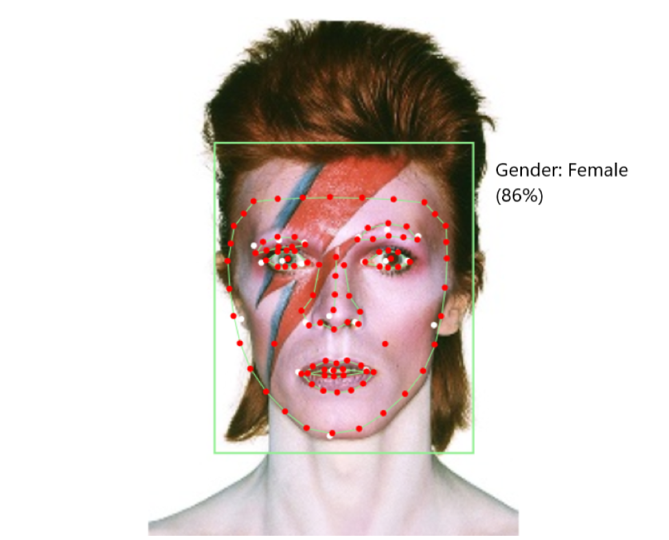 A portrait of David Bowie with visible facial recognition analysis points including red dots around the eyes, nose, mouth, and face outline; with a green bounding box. A label to the right reads the algorithm's conclusion: "Gender: Female (86%)".