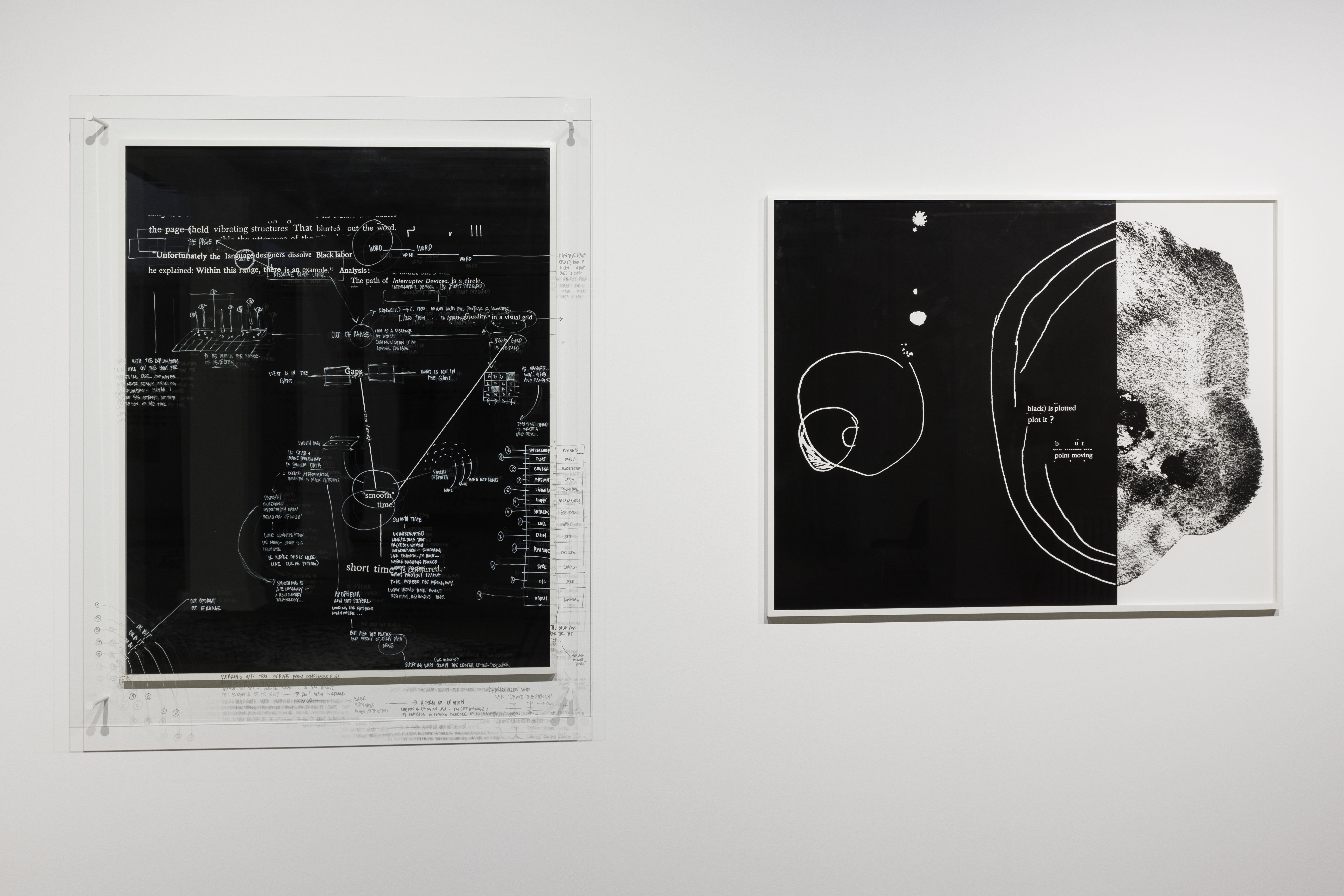 Two works hang side by side: an annotated black text collage beneath transparent sheets, and a black-and-white composition combining looping white lines with a grainy, rounded photographic form.