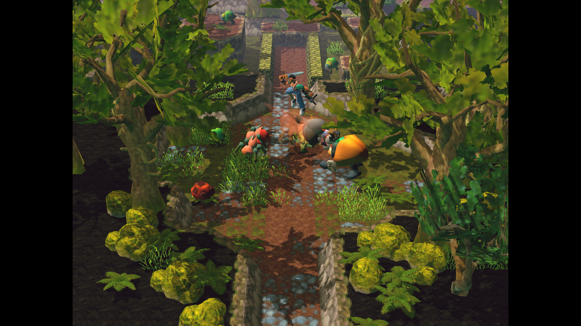 An Angeline Era game scene shows a character and fantastical creatures on a narrow stone-and-earth path through dense green vegetation, with raised walkways receding into the background.