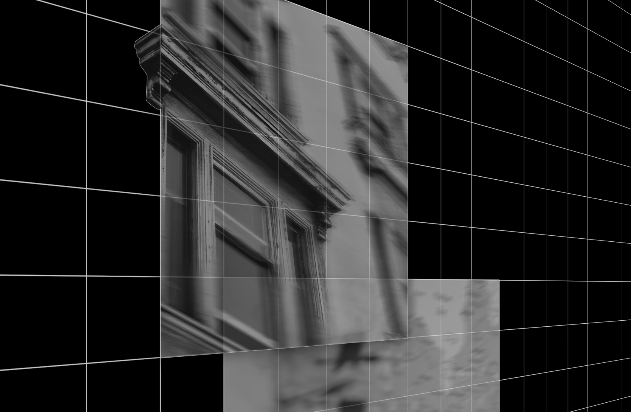 A black and white window and cornice against a gridded black background