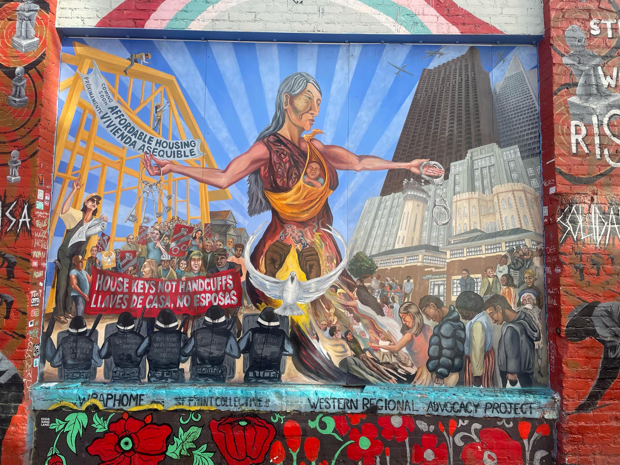 “Housekeys, Not Handcuffs”: a mural painted by the Western Regional Advocacy Project in 2016 in Clarion Alley, near Valencia and Seventeenth Streets in San Francisco. Photo: Eric A. Stanley.