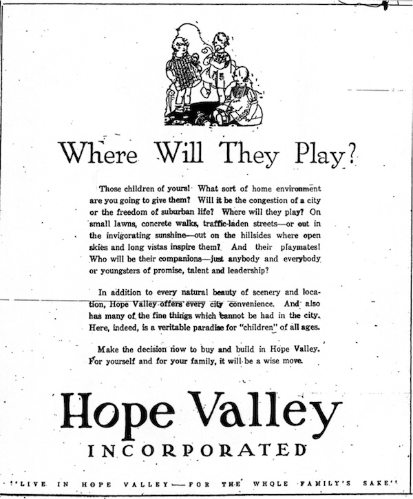 1920s Advertisement from Hope Valley,  the first "Golf-course" community in Durham. Image: Hope Valley Incorporated via Hacking into History. 